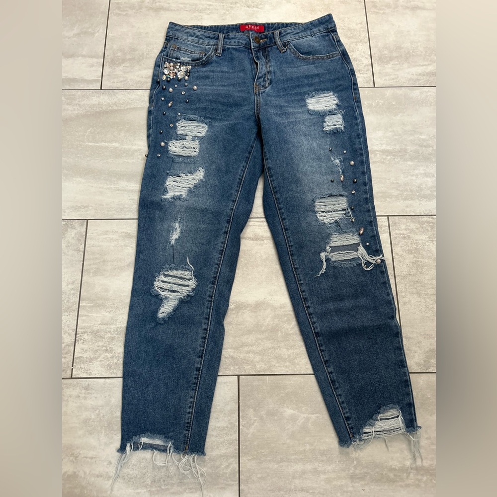 Guess Blue Straight Leg Jeans with Distressed Design